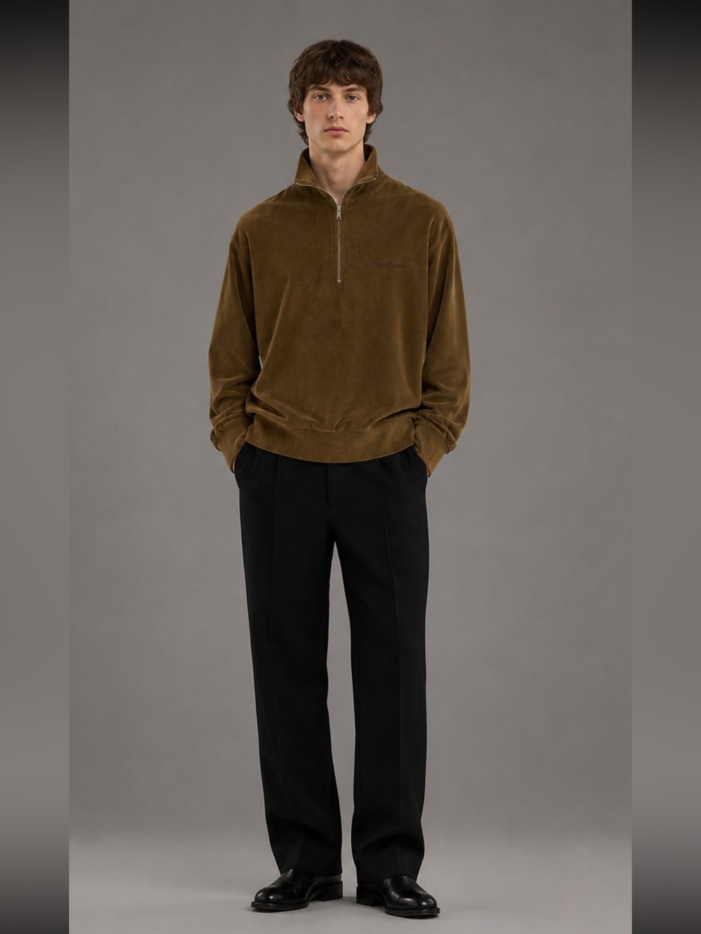 Helmut Lang Mens XL Tobacco Cotton Velour Quarter Zip Pullover Perfect Condition